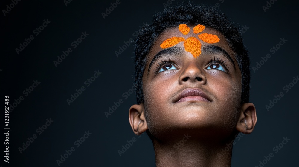 Contemplative Gaze: A young child, adorned with a vibrant mark on his forehead, gazes upwards, embodying serene contemplation and the beauty of tradition and spirituality. Contemplative Gaze: A young child, adorned with a vibrant mark on his forehead, gazes upwards, embodying serene contemplation and the beauty of tradition and spirituality.
