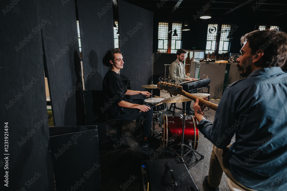 Fototapeta premium The image showcases a group of musicians rehearsing in a well-equipped music studio, focusing on teamwork and musical performance practice.