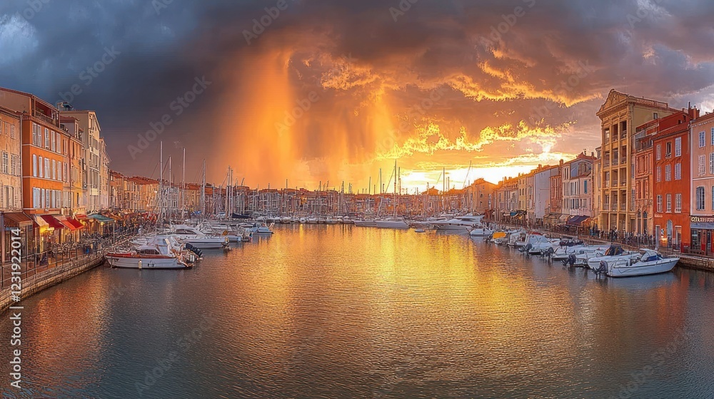 Sunset Storm, Harbor, Boats, Cityscape, France Sunset Storm, Harbor, Boats, Cityscape, France