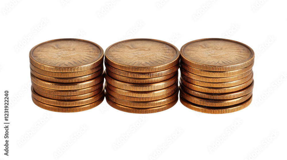 Three stacks of golden coins representing savings and investment on transparent background Three stacks of golden coins representing savings and investment on transparent background