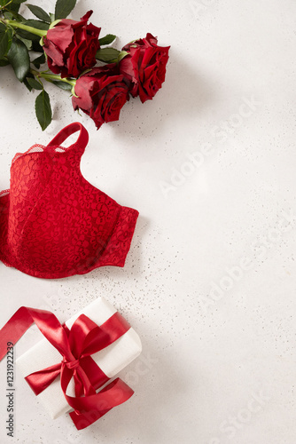 Valentine's day romantic sensual concept. Red lace lingerie, bustier underwear, gift and red roses on white background. View from above. Vertical greeting card.