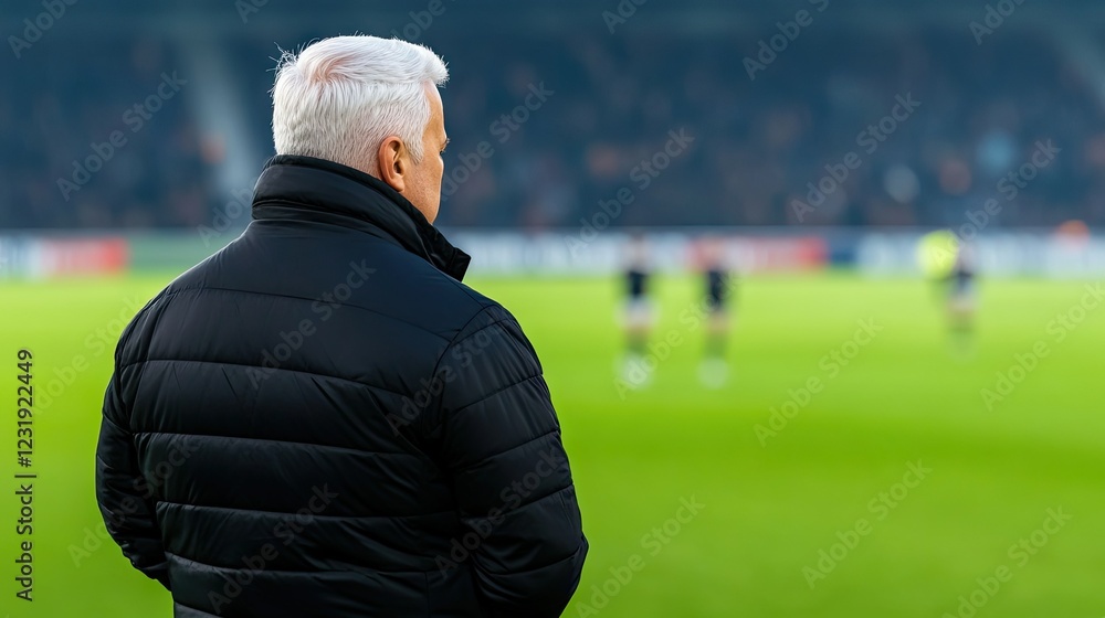 Manager observes players during a match, evaluating tactics and strategies while standing on the sidelines at a stadium in the evening Manager observes players during a match, evaluating tactics and strategies while standing on the sidelines at a stadium in the evening