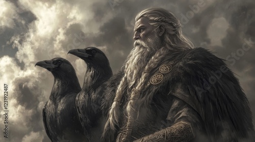 Norse god standing with ravens against a dark, cloudy sky in a powerful representation of mythology and strength