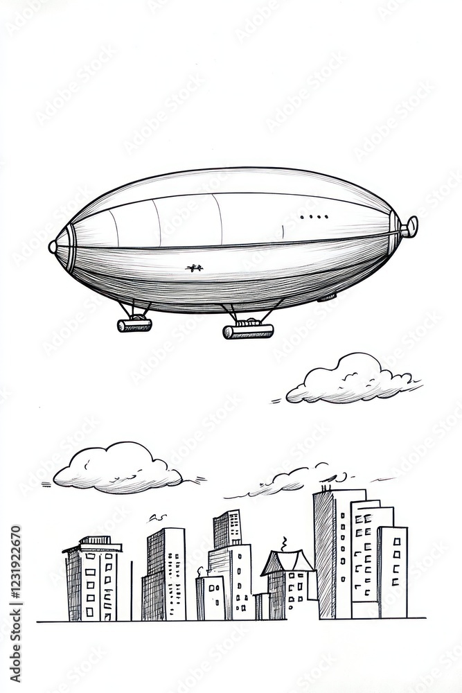 Fototapeta premium Hand drawn illustration of a blimp flying over a city skyline.