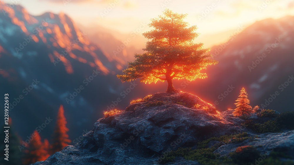 Fototapeta premium Sunset tree mountaintop serenity landscape