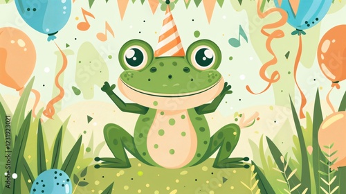 Cute Frog Animal Birthday Party Flat Vector Illustration