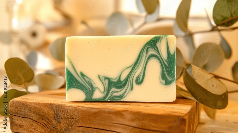 Handcrafted soap with green swirls on wooden dish