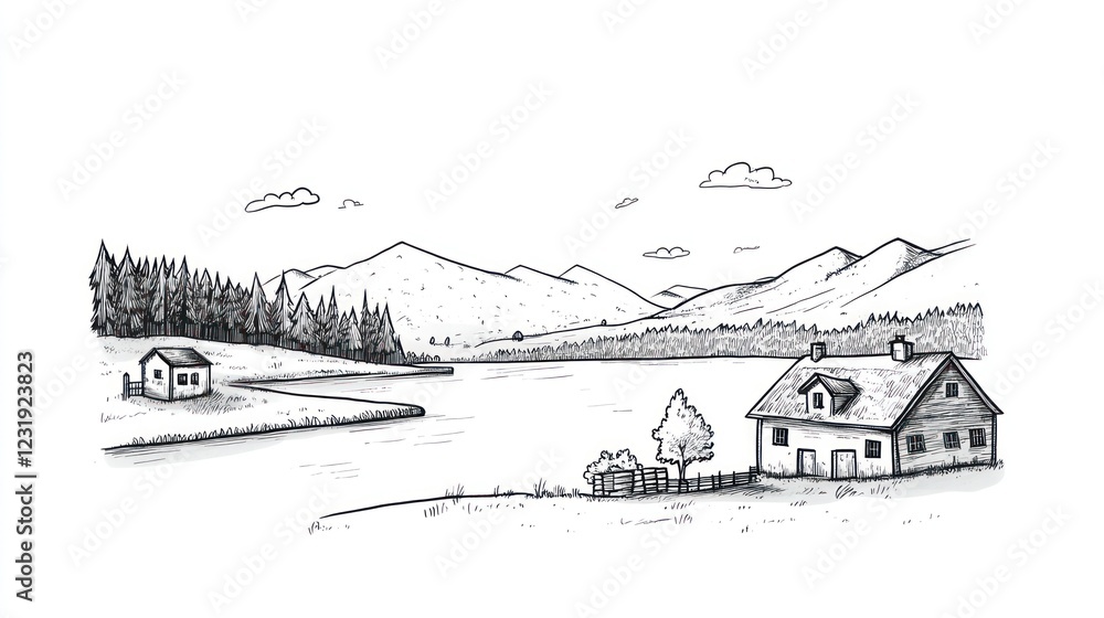 Fototapeta premium Hand drawn illustration of a lake, houses, and mountains.
