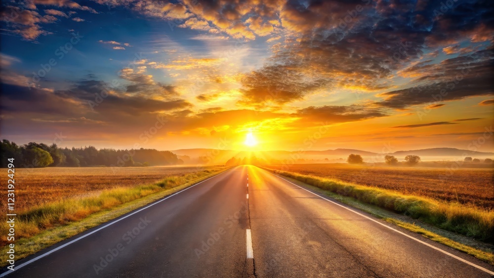 Naklejka premium Golden sunrise over rural asphalt highway , highway, nature, highway
