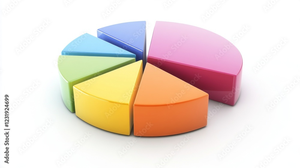 Obraz premium A colorful D pie chart with multiple segments, each section raised slightly to emphasize data distribution, set against a clean white background.