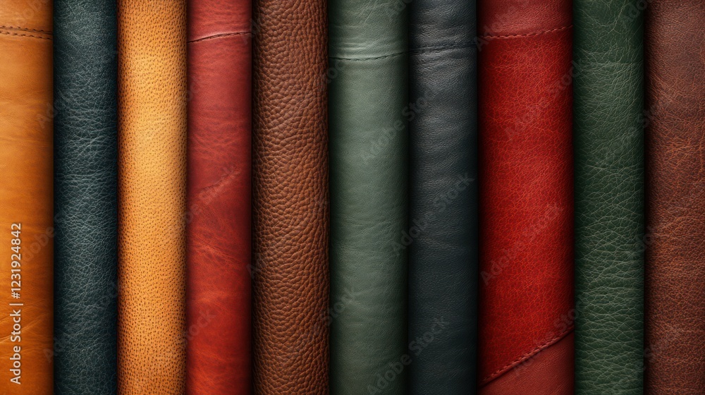 Rolled leather swatches, diverse colors, studio, texture samples, design Rolled leather swatches, diverse colors, studio, texture samples, design