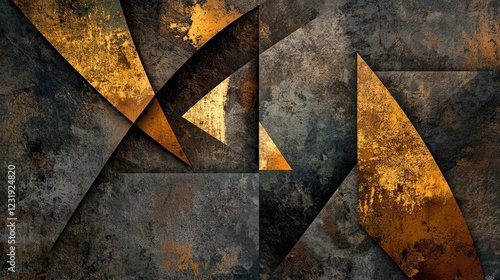Abstract geometric design featuring gold and gray tones with dynamic shapes and textures