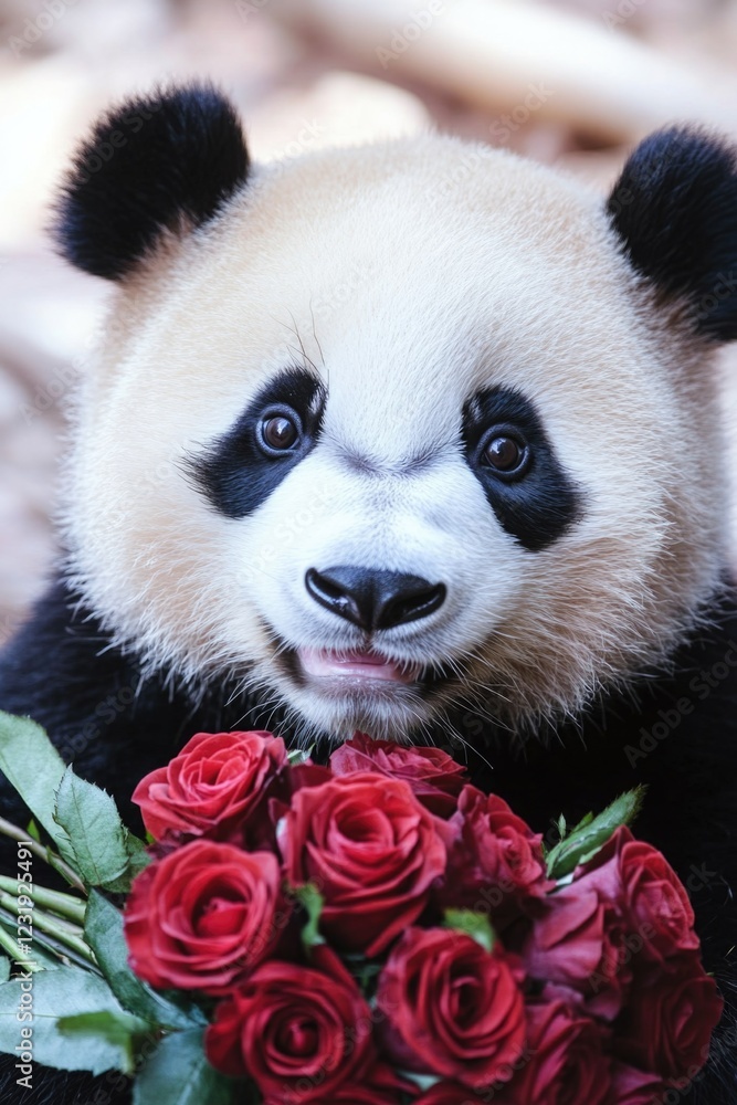 A panda bear holding a bouquet of bright red roses A panda bear holding a bouquet of bright red roses