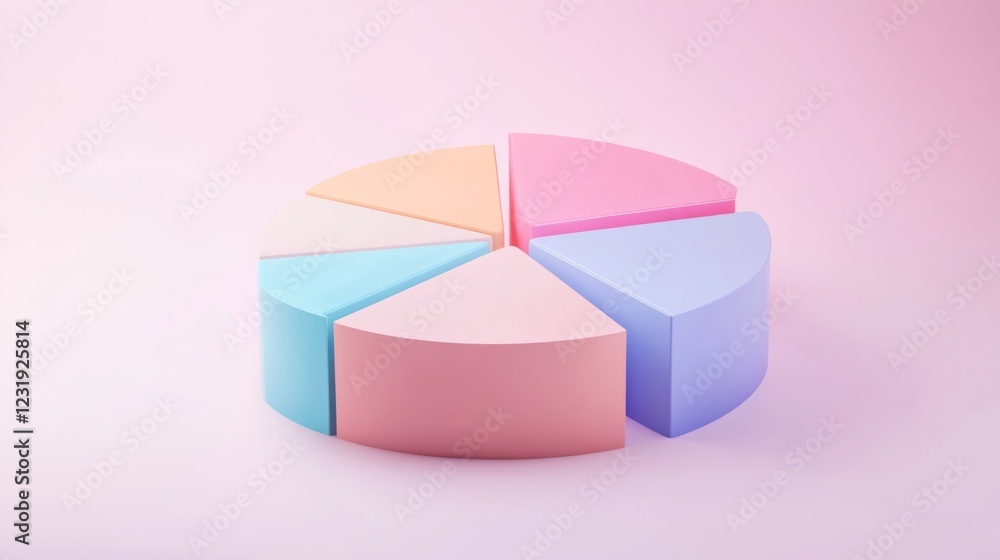 Obraz premium A creative D pie chart in pastel colors, each segment slightly tilted for emphasis, set against a soft gradient background, representing data visualization in a minimalistic design.