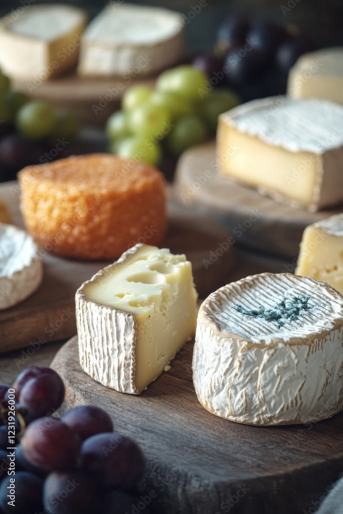 Fresh cheese and grapes arranged on a wooden cutting board, perfect for serving at parties or as a snack Fresh cheese and grapes arranged on a wooden cutting board, perfect for serving at parties or as a snack