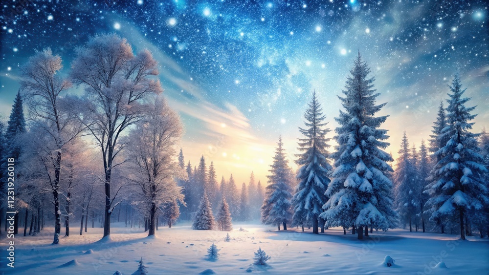 Frozen forest tranquility at dusk, gentle snowfall Frozen forest tranquility at dusk, gentle snowfall