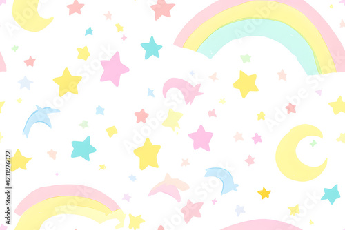 Whimsical solar system pattern with pastel planets and bright stars