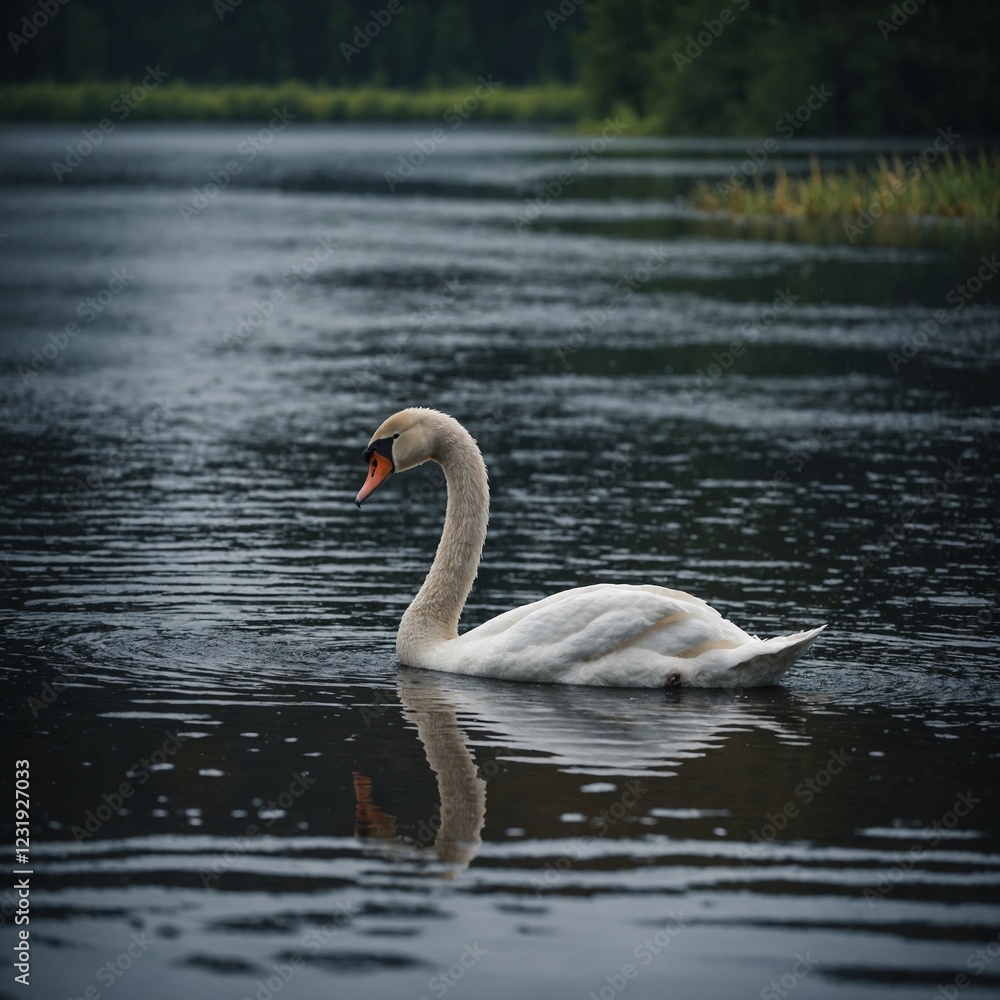 A swan on a rainy lake, its reflection slightly distorted. A swan on a rainy lake, its reflection slightly distorted.