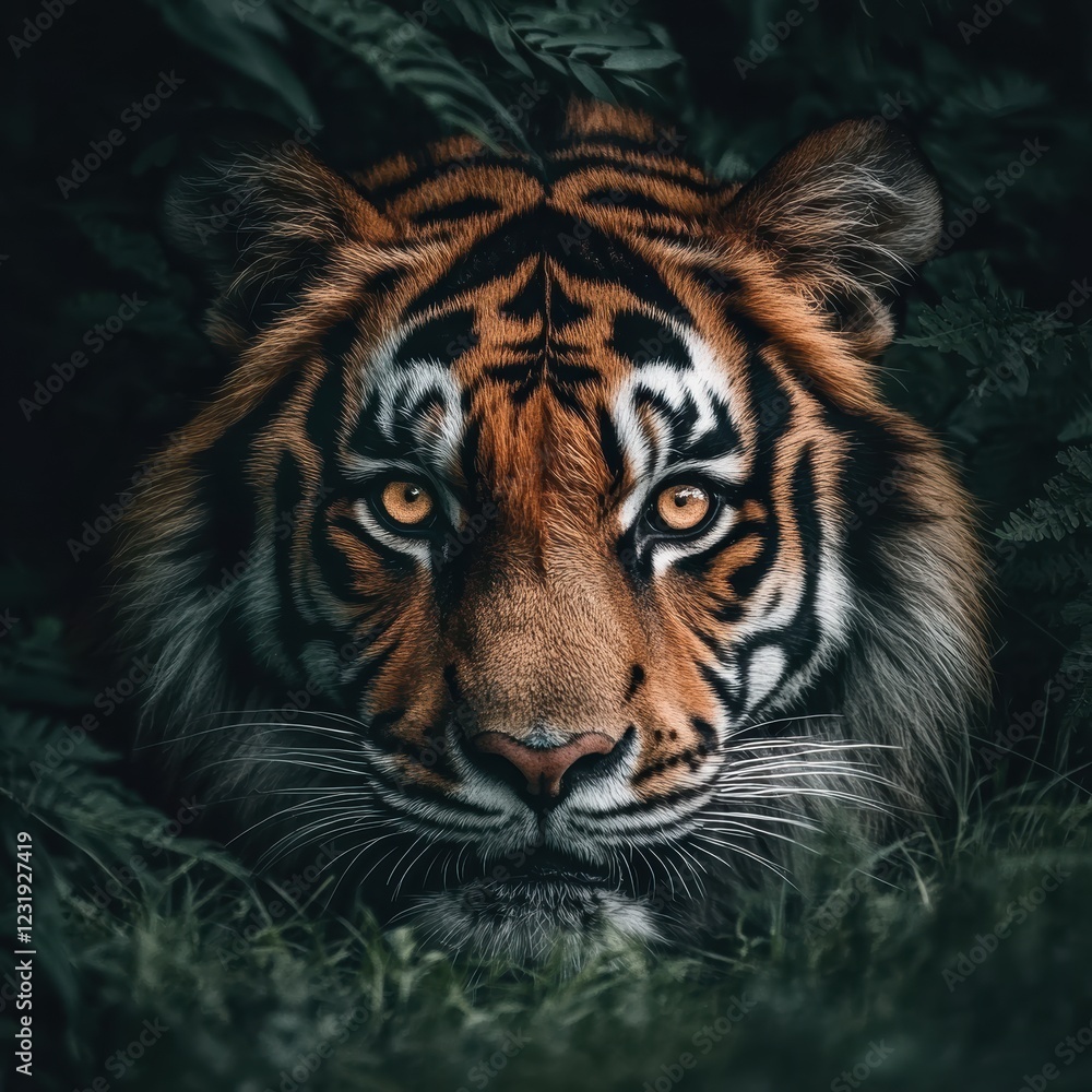 Fototapeta premium Majestic tiger stalking in dense jungle wildlife photography close-up perspective nature's beauty