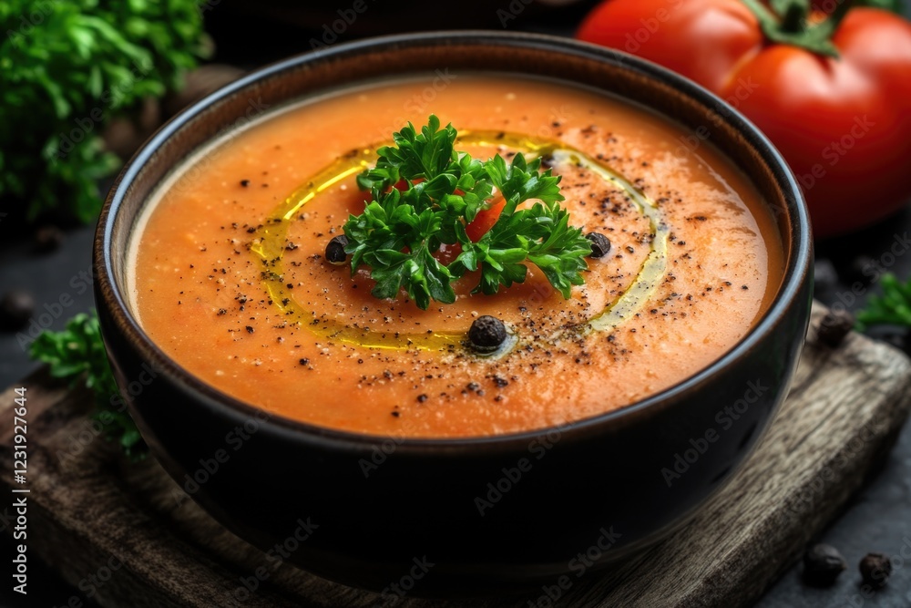A warm and comforting bowl of tomato soup garnished with a fresh sprig of parsley A warm and comforting bowl of tomato soup garnished with a fresh sprig of parsley