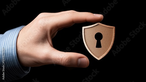 Hand holding a shield-shaped keyhole symbolizing security and protection against threats in a dark setting photo