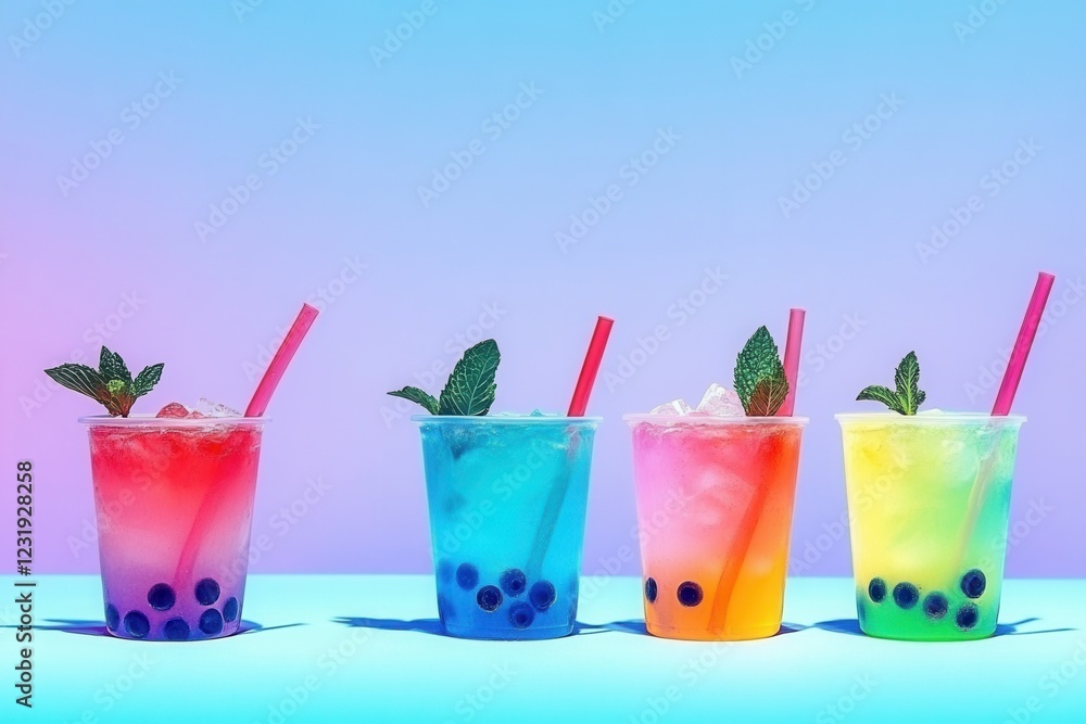 Colorful boba tea drinks with straws mint garnish on vibrant background