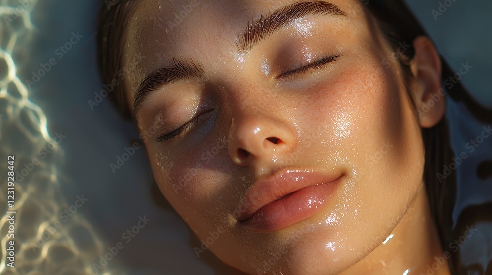 Naklejka premium Serene Close-Up of Glowing Skin with Water Reflection Effects