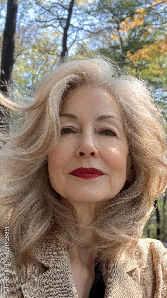 Naklejka premium Elegant Senior Woman with Graceful Hair in Autumn Forest Setting