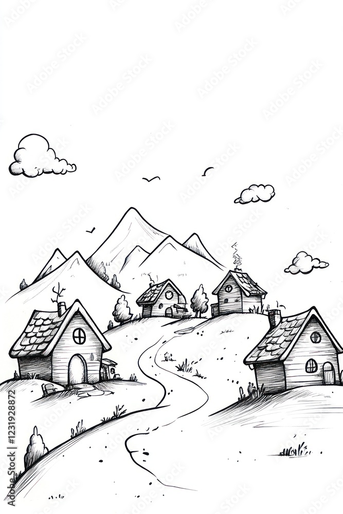 Fototapeta premium Hand-drawn illustration of a charming village nestled in a mountain valley with a winding road leading through the scenic landscape.