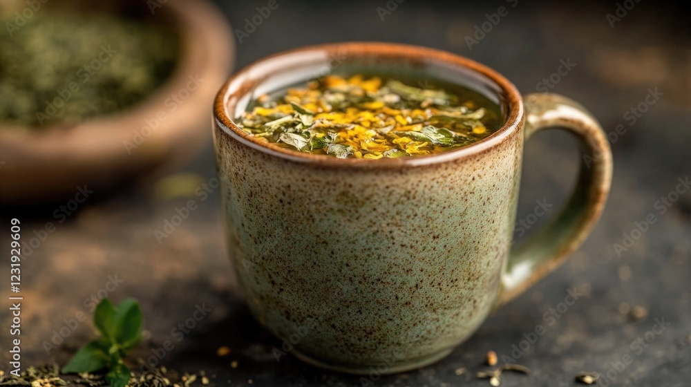 A cup of green tea with a spoon resting on the surface, ready for use A cup of green tea with a spoon resting on the surface, ready for use
