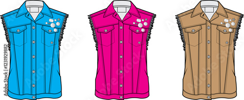 Stylish Denim Vest Designs: Blue, Pink, Beige Sleeveless Jackets with Embellishments