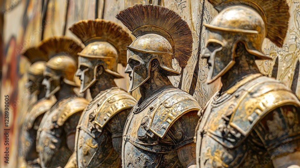 Fototapeta premium Ancient Greek Warriors in Ornate Armor Displayed in a Row