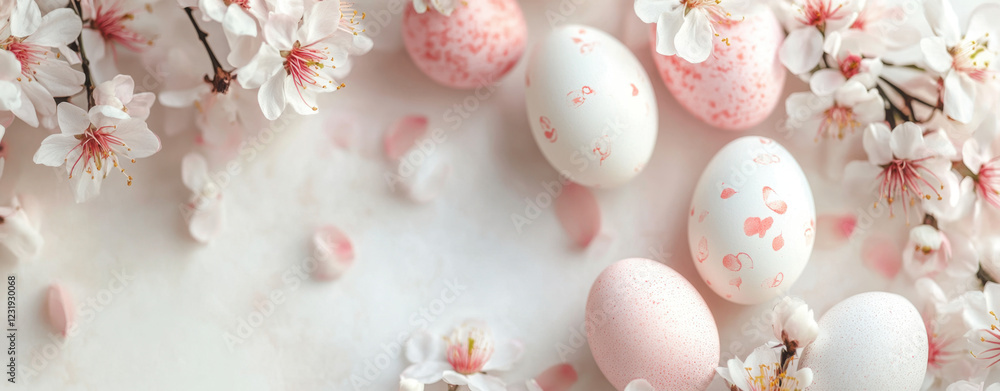 Delicate arrangement of white and pink eggs surrounded by cherry blossoms for a festive spring celebration Delicate arrangement of white and pink eggs surrounded by cherry blossoms for a festive spring celebration