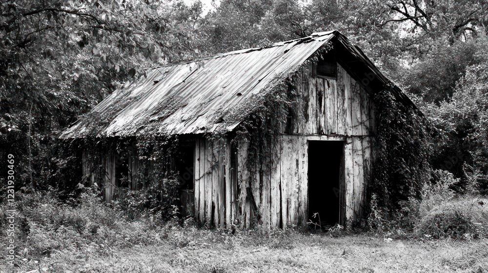 Overgrown Abandoned Wooden Shack in the Woods Overgrown Abandoned Wooden Shack in the Woods