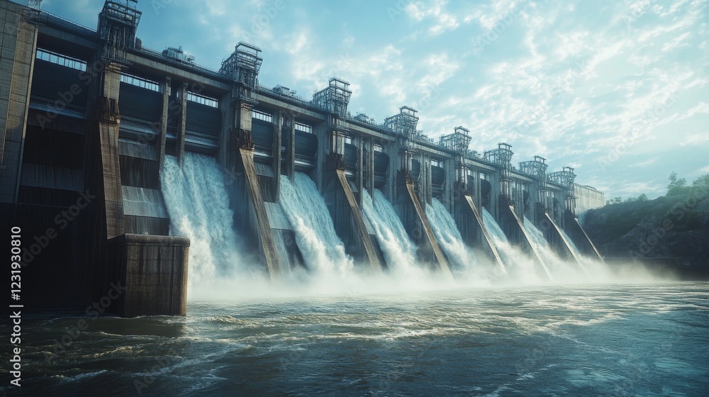 A dramatic shot of a dam at full capacity, with water flowing vigorously over the spillway, creating a powerful and dynamic scene A dramatic shot of a dam at full capacity, with water flowing vigorously over the spillway, creating a powerful and dynamic scene
