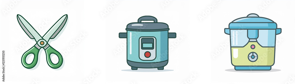 Illustration of scissors, a pressure cooker, and a slow cooker. Perfect for a kitchen or cooking themed design. Illustration of scissors, a pressure cooker, and a slow cooker. Perfect for a kitchen or cooking themed design.