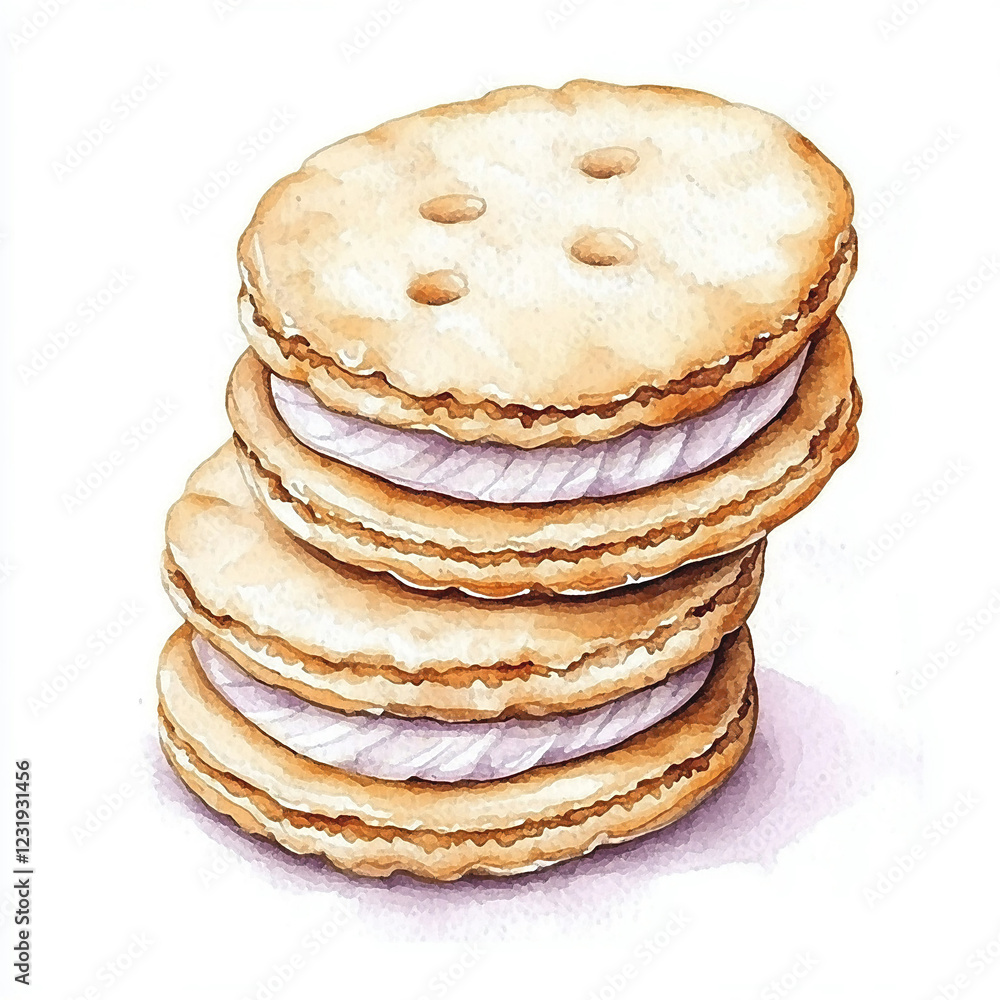 Watercolor cookies with chocolate and cream. Bakery picture for design on white background Watercolor cookies with chocolate and cream. Bakery picture for design on white background