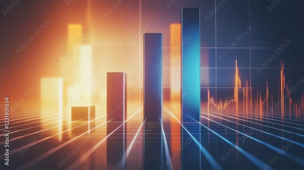 A dynamic bar graph with tall, shiny bars in blue and orange, standing on a reflective grid, symbolizing financial success and economic performance A dynamic bar graph with tall, shiny bars in blue and orange, standing on a reflective grid, symbolizing financial success and economic performance