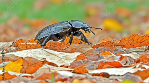 Beetle crawling over colorful autumn leaves forest floor nature photography macro view wildlife observation photo