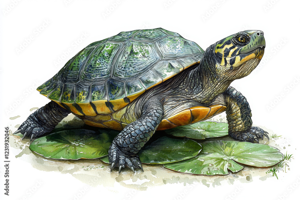 Fototapeta premium Striking illustration of a turtle resting on lily pads.