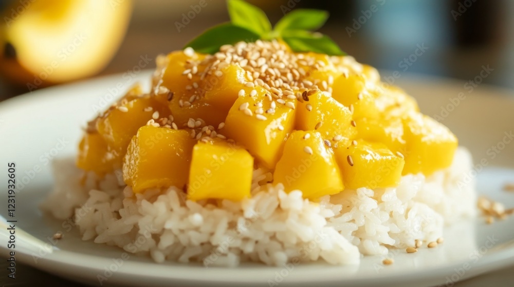 A dynamic shot of a serving of Thai mango sticky rice with a garnish of toasted sesame seeds, presented on a white plate to emphasize its vibrant colors and delicious appeal. A dynamic shot of a serving of Thai mango sticky rice with a garnish of toasted sesame seeds, presented on a white plate to emphasize its vibrant colors and delicious appeal.