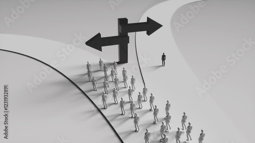 Group of People Walking in One Direction While Lone Figure Stands at Crossroads, Symbolizing Choice and Individuality in Monochromatic Scene with Figures Walking Towards Fork in Road