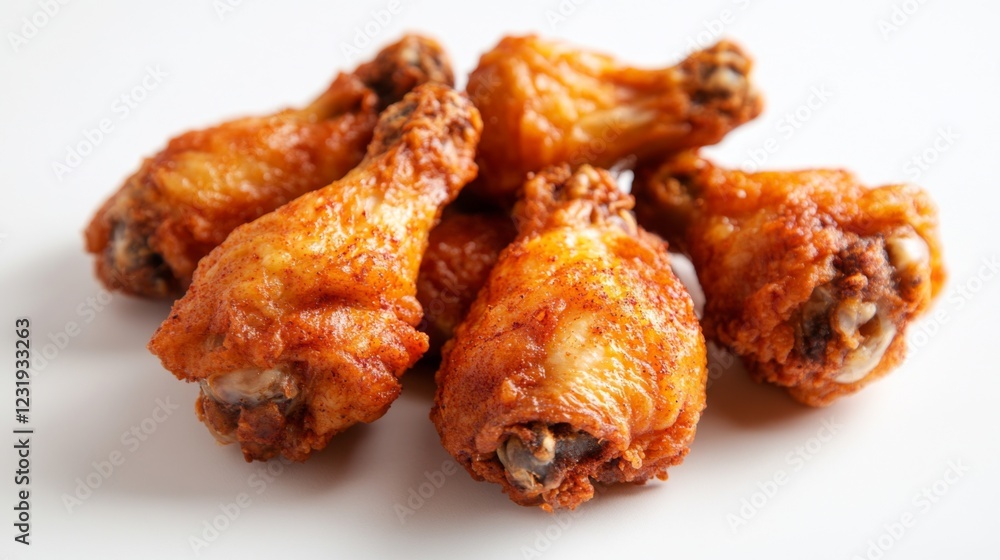 A dynamic shot of fried chicken wings with a crunchy coating, placed on a white surface with a light dusting of seasoning to highlight their flavor and texture. A dynamic shot of fried chicken wings with a crunchy coating, placed on a white surface with a light dusting of seasoning to highlight their flavor and texture.