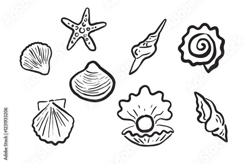 set of black and white vector whimsical seashells and starfish isolated on transparent background. ocean vibe underwater hand drawn collection of illustrations. sea shells clip art for party wedding