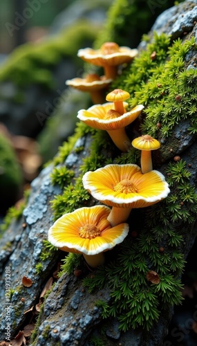 Moss and lichen-covered rock with mushroom-shaped yellow white patches, moss, earthy, rock photo