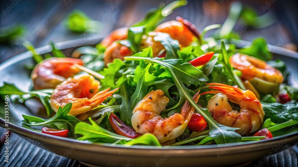 Long exposure captures vibrant shrimp and arugula salad; fresh, healthy, and delicious. Long exposure captures vibrant shrimp and arugula salad; fresh, healthy, and delicious.