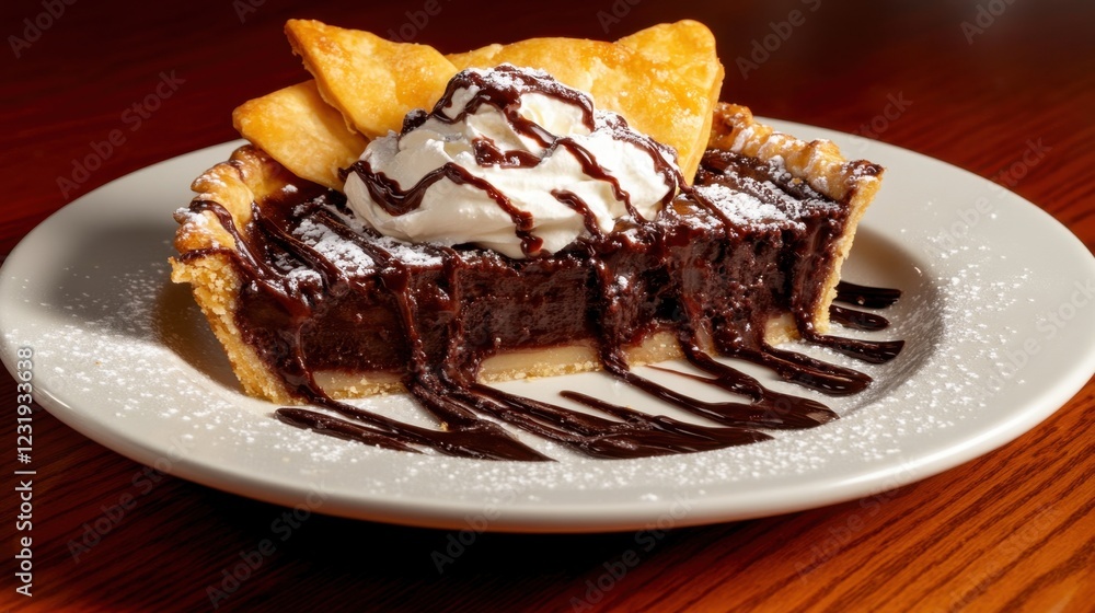 Delicious chocolate pie with whipped cream pastry sticks on plate Delicious chocolate pie with whipped cream pastry sticks on plate