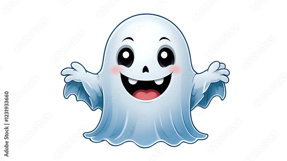 Adorable cartoon ghost, friendly expression, Halloween character, welcoming gesture, isolated white background, whimsical design. Adorable cartoon ghost, friendly expression, Halloween character, welcoming gesture, isolated white background, whimsical design.