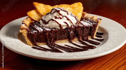 Delicious chocolate pie with whipped cream pastry sticks on plate