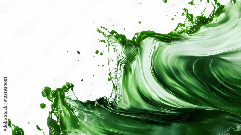 Fototapeta premium Vibrant green paint fluid flowing on a white background, creates a visual effect, generative AI